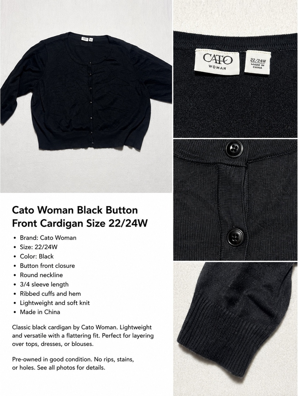 Cato Woman Black Button Front Cardigan Women’s Plus Size 22/24W 3/4 Sleeve